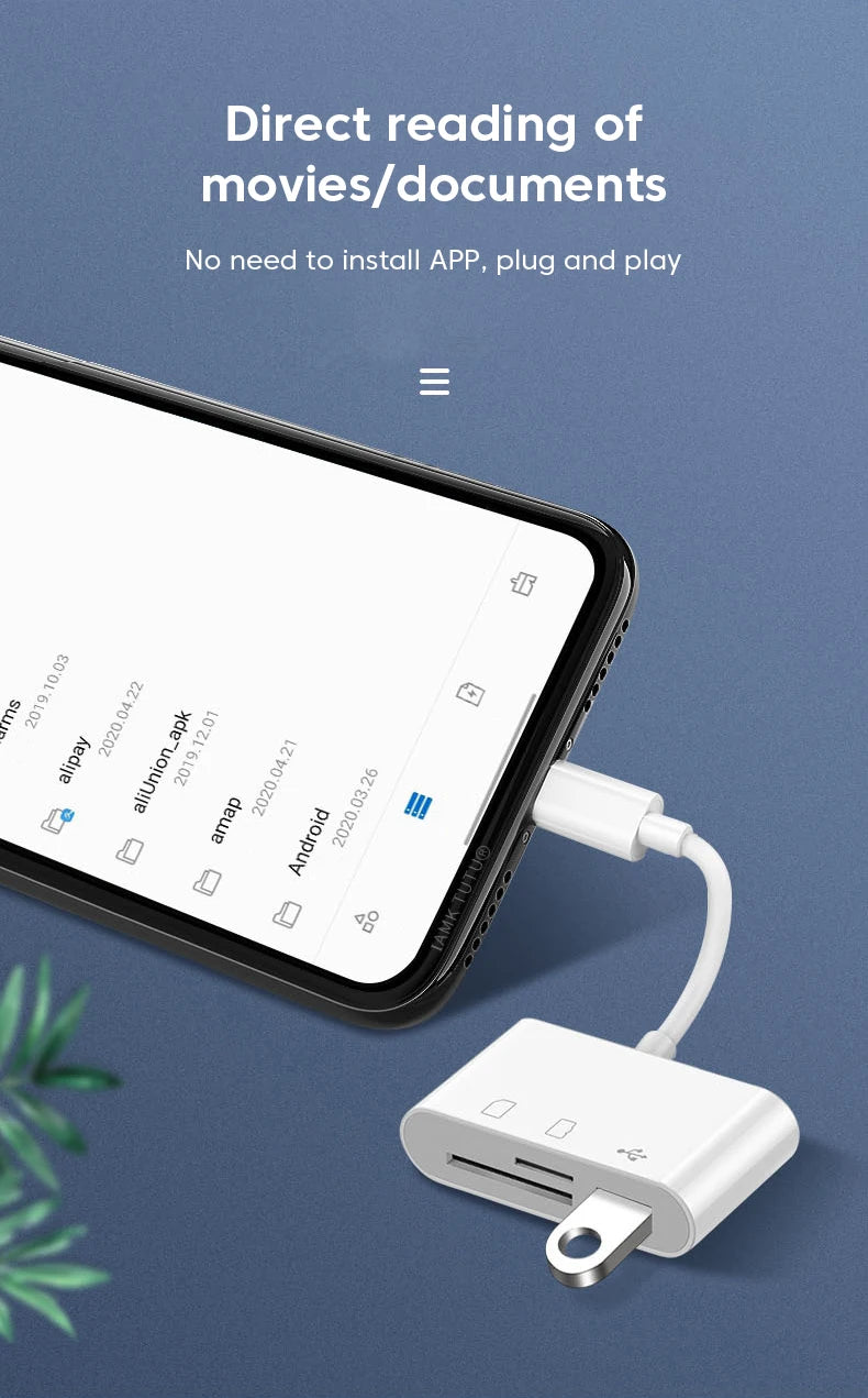 A mobile device is connected to a white adapter, demonstrating direct reading of movies and documents.