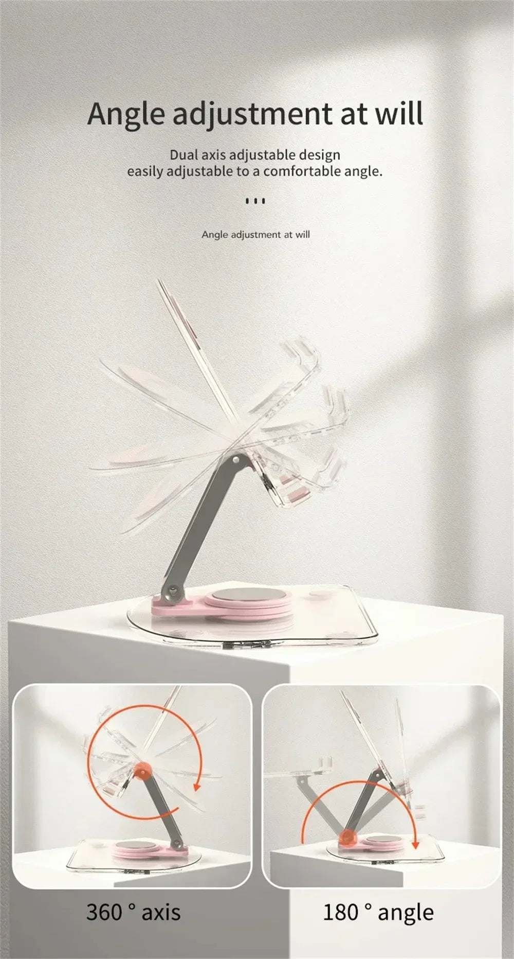 A clear acrylic angle adjustment stand demonstrating 360 degree and 180 degree angle adjustments for a tablet or phone.