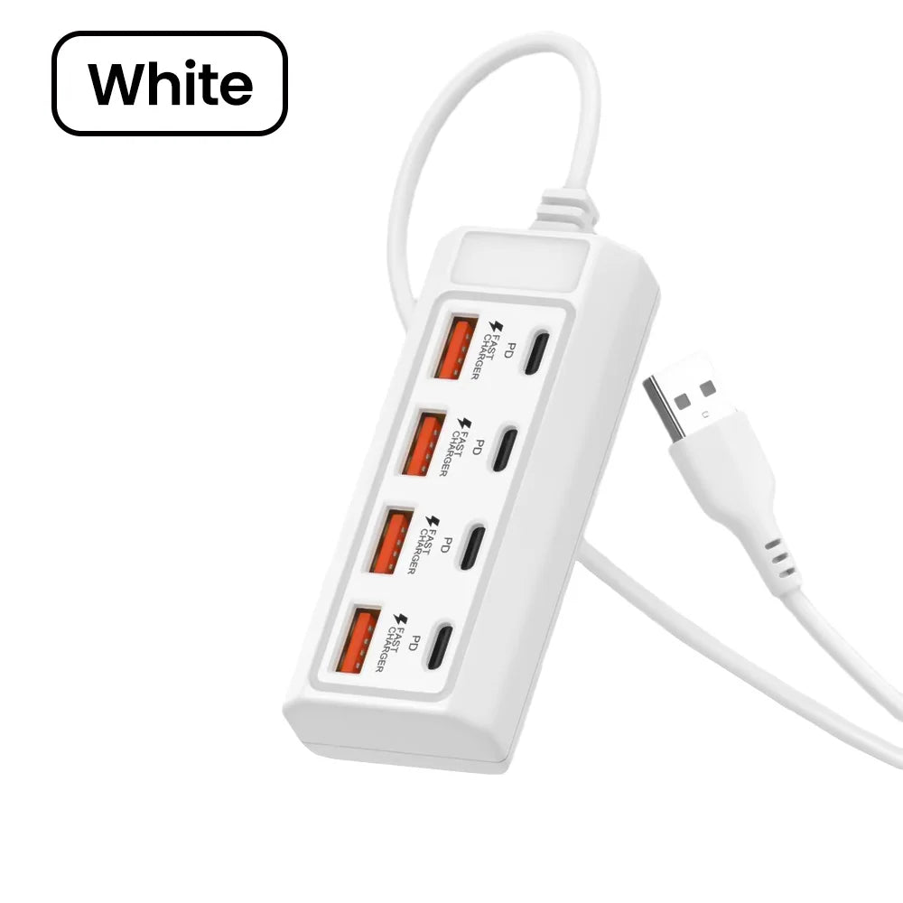 White 8-in-1 USB wall outlet adapter with multiple ports for fast charging devices