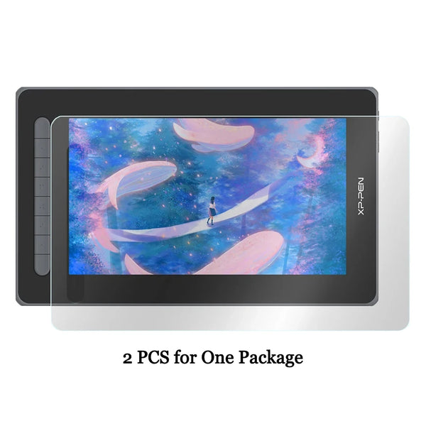 A white tablet with a clear film screen protector showing a vibrant purple and blue cosmic painting.