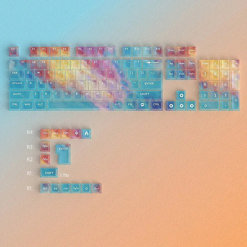 A colorful rainbow shine pc keycap set displayed on a light background.