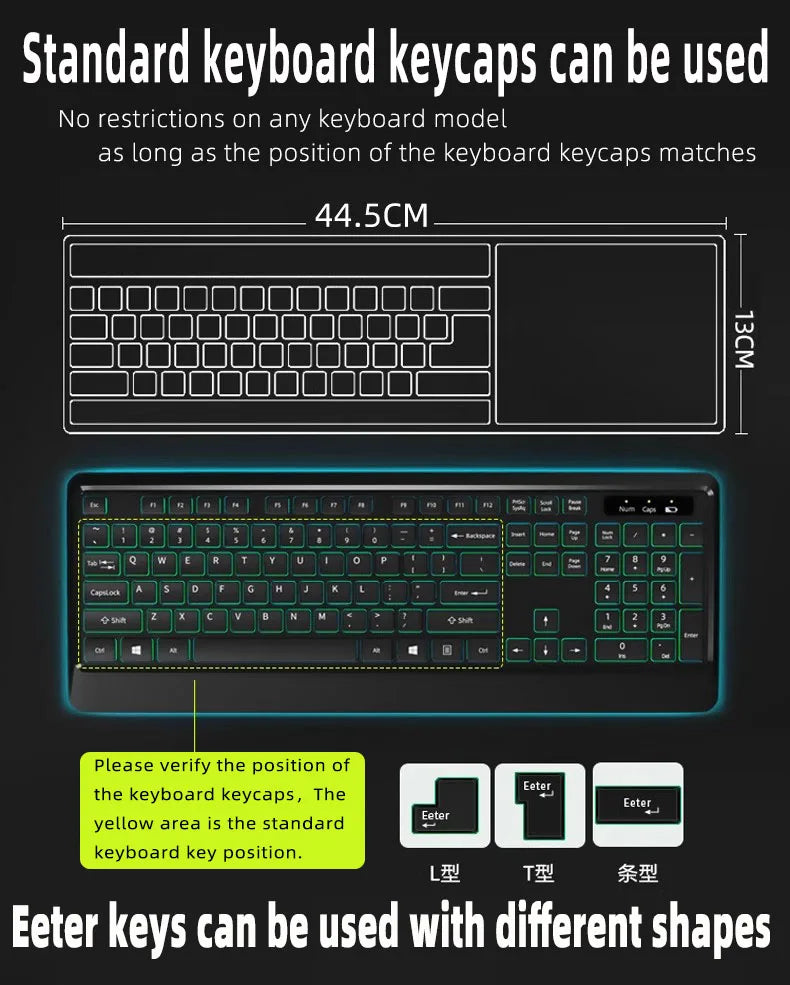 A set of standard keyboard keycaps and Eeter keys shown with diagrams illustrating their positions and shapes.