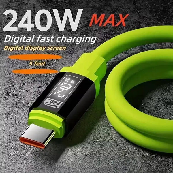 Câble de charge rapide numérique vert avec une puissance maximale de 240W sur fond sombre.