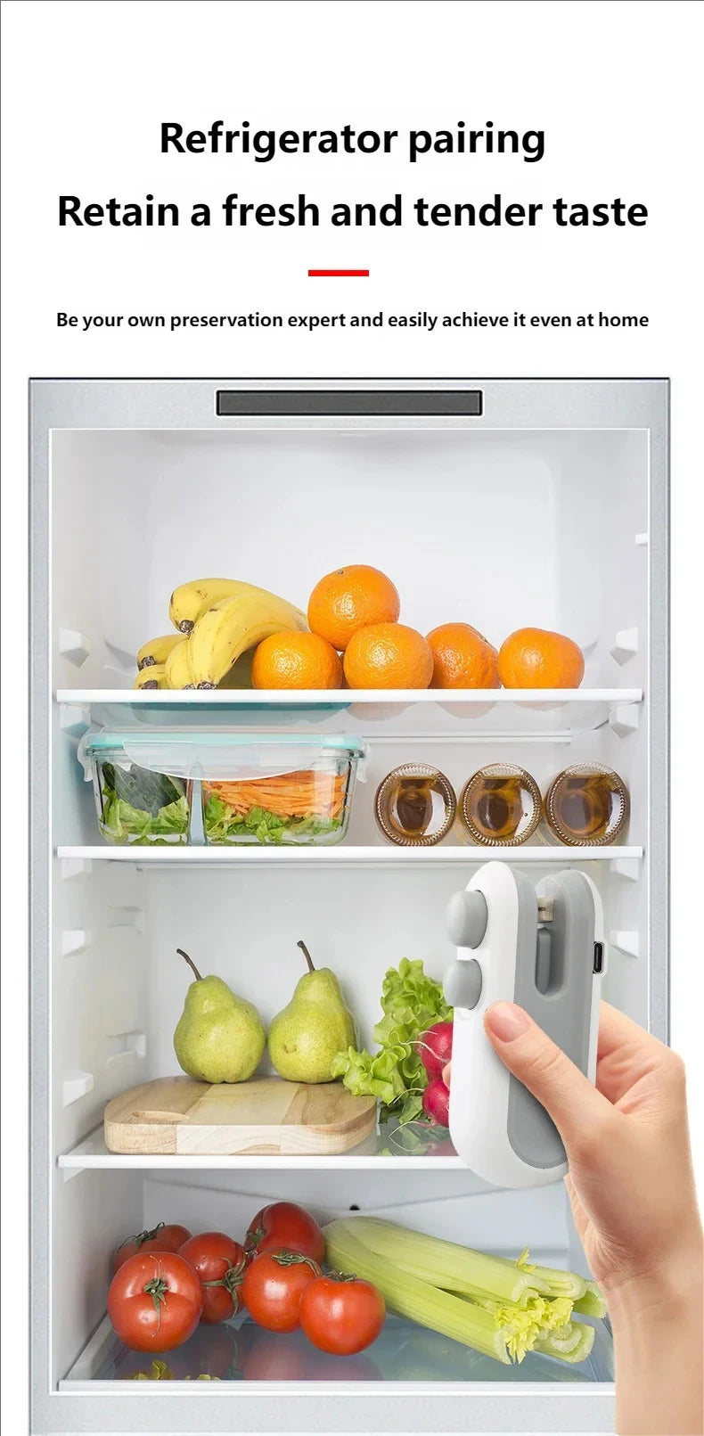 A hand holds a white handheld USB rechargeable heat sealer bag with fresh produce inside a refrigerator drawer.