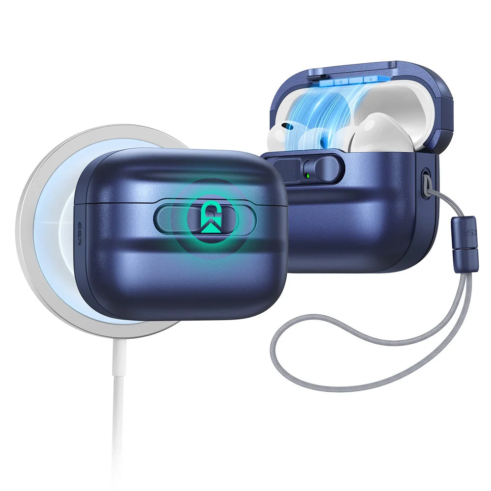 A dark blue magnetic case for AirPods Pro is shown next to its charging cable.
