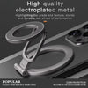 A close-up of a high quality electroplated metal phone stand featuring a curved design on a dark surface.