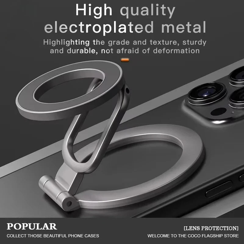 A close-up of a high quality electroplated metal phone stand featuring a curved design on a dark surface.