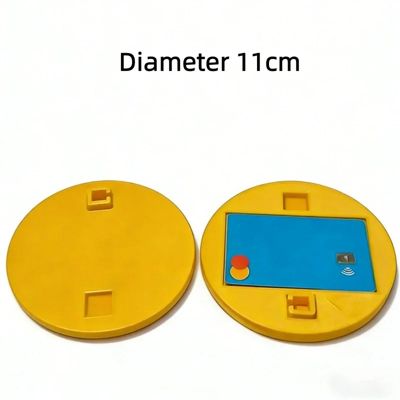 Yellow plastic card holder with a 11cm diameter, featuring NFC tap-to-pay protection.