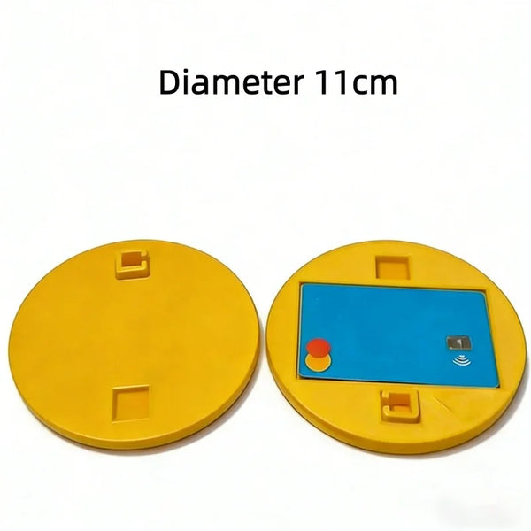 Yellow plastic card holder with a 11cm diameter, featuring NFC tap-to-pay protection.