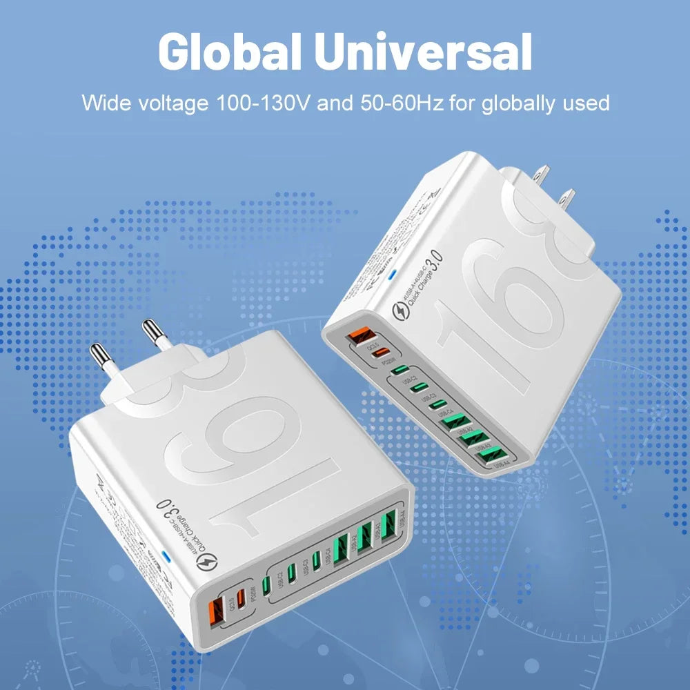 A white universal multi-port fast charging wall adapter with multiple output ports shown against a blue globe background.