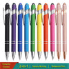 A set of twelve colorful metal 2-in-1 stylus pens featuring various colors like black, purple, blue, green, yellow, orange, a