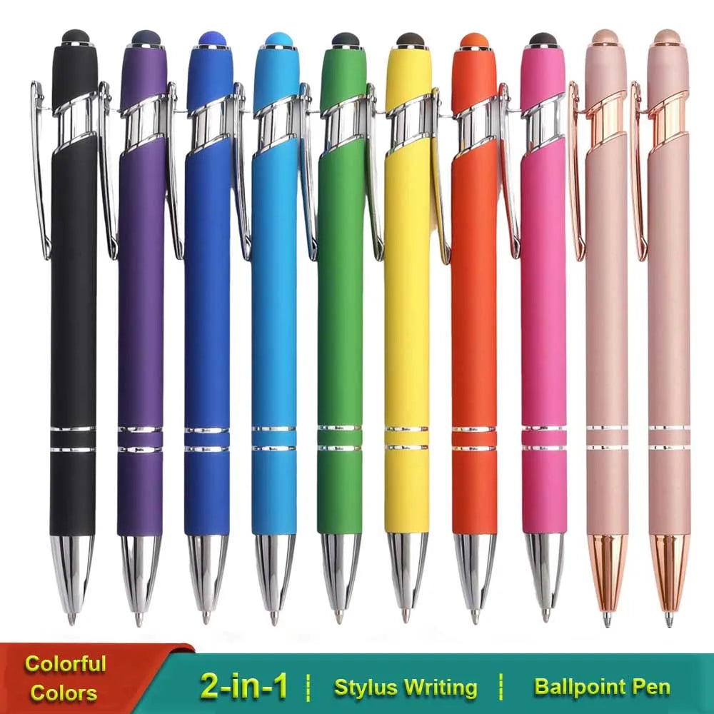 A set of twelve colorful metal 2-in-1 stylus pens featuring various colors like black, purple, blue, green, yellow, orange, a