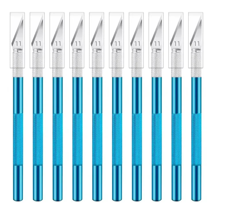 A set of ten colorful precision craft knives with silver blades and blue handles.