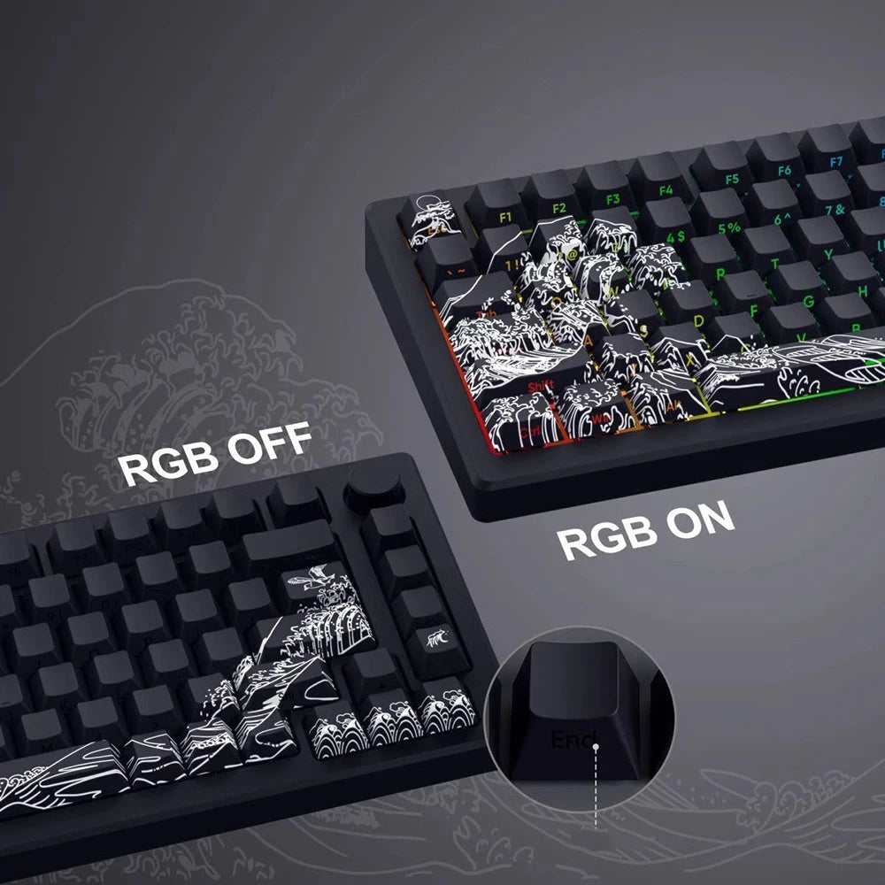 A mechanical keyboard showing the difference between RGB OFF and RGB ON with Ukiyo-e translucent keycaps.