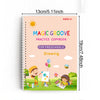 A drawing practice copybook titled Magic Groove Practice Copybook for Preschools featuring colorful illustrations of children