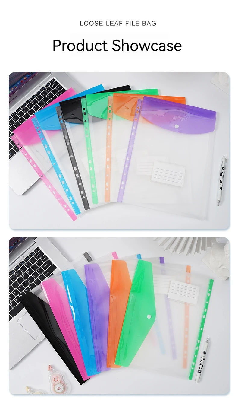 A showcase of loose-leaf file bags containing colorful plastic expanding envelopes with snap buttons.