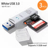 White USB 3.0 SD/TF card reader with an included flash drive and storage cards