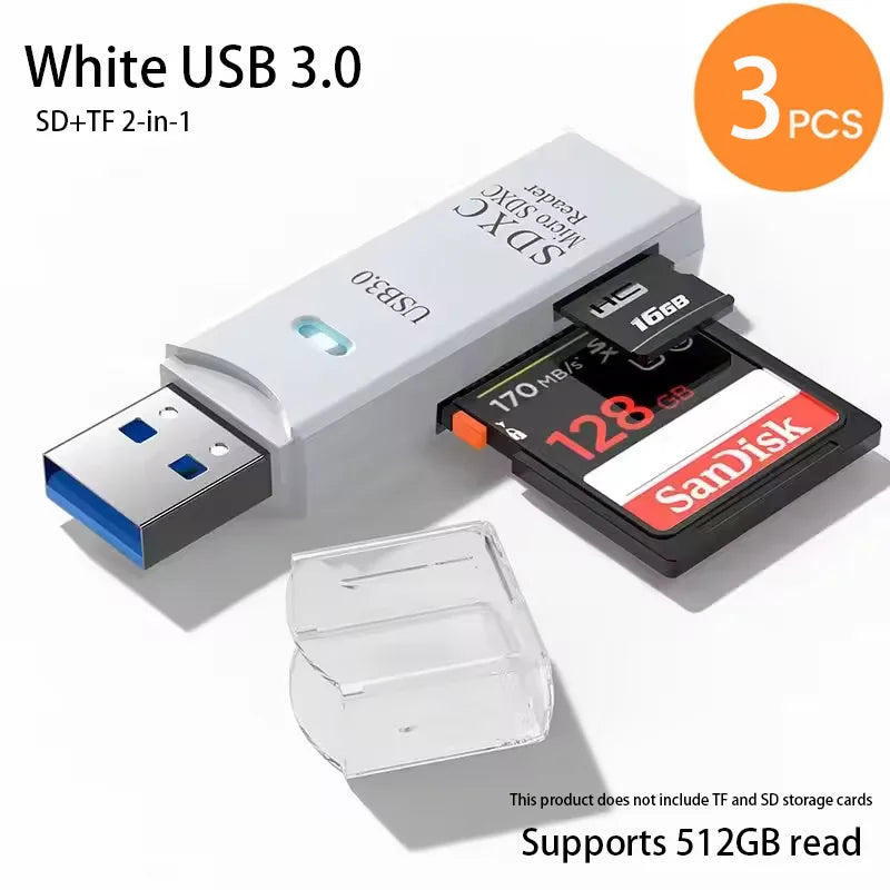 White USB 3.0 SD/TF card reader with an included flash drive and storage cards