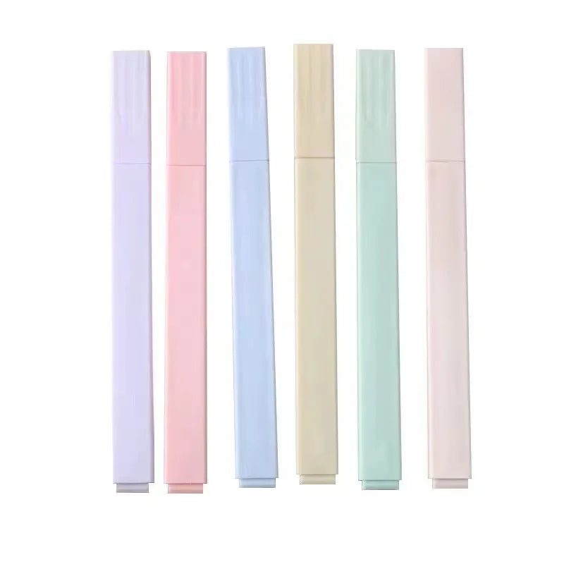 A set of six lip balms in pastel shades of pink, purple, and mint green.