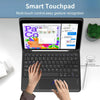 A laptop displaying a multi-touch interface is shown with hands typing on the keyboard.
