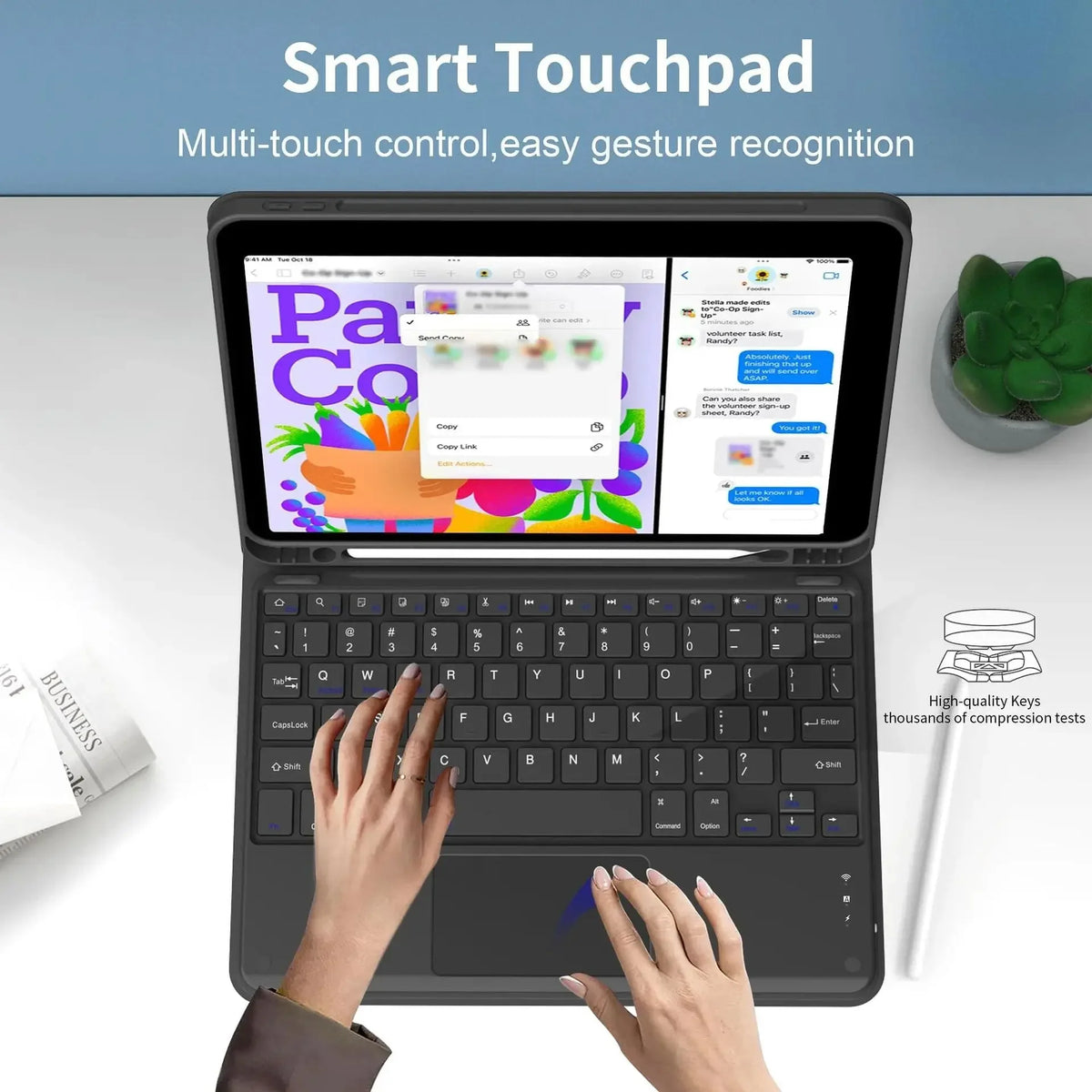 A laptop displaying a multi-touch interface is shown with hands typing on the keyboard.