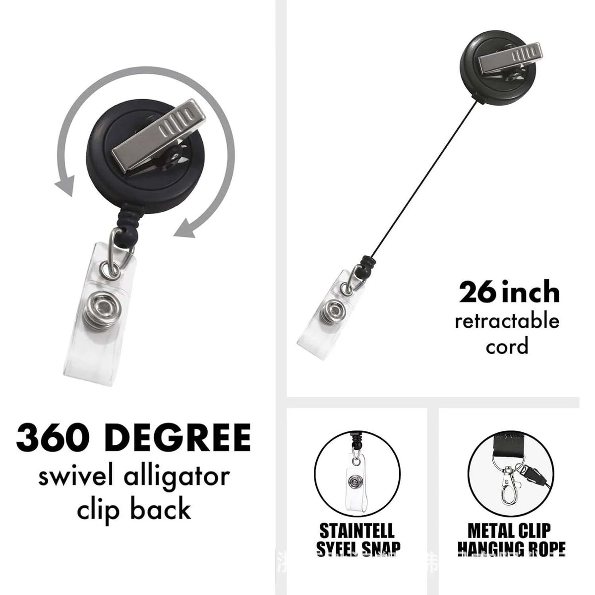 Ein ausziehbares Abzeichenhalter mit schwenkbarem Alligatorenclip hinten und einem 26-Zoll-Kabel.