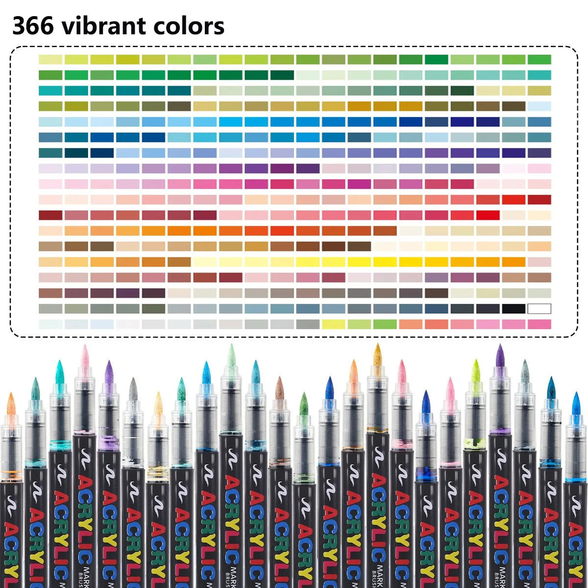 Una exhibición de 366 colores vibrantes en fila, mostrando la gama de marcadores de pintura acrílica waterproof profesionales