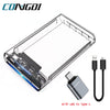 A clear external enclosure for a SATA hard drive with a USB Type-C cable attached.