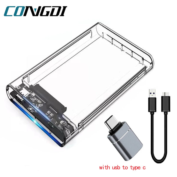 Enceinte externe claire pour disque dur SATA avec câble USB Type-C.