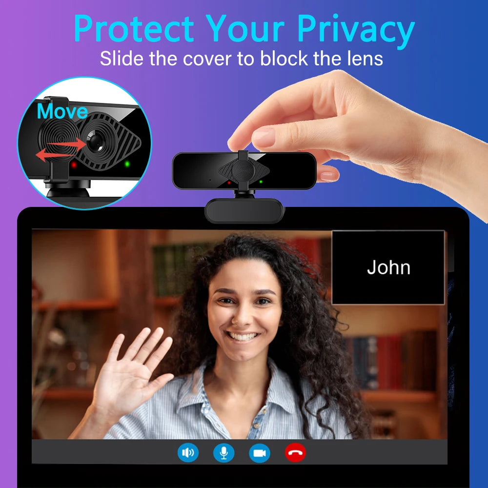 Eine Hand schiebt eine Privacy-Abdeckung auf eine 4K Ultra HD USB-Webcam, um die Linse abzudecken.