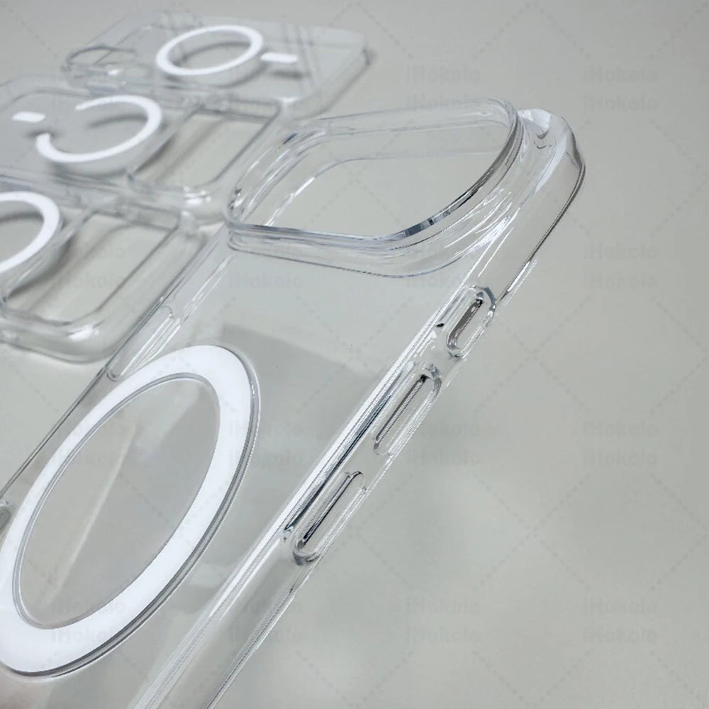 Estuche protector magnético transparente para iPhone y iPad con múltiples anillos de silicona transparentes.