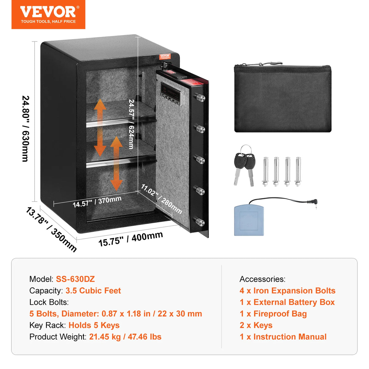 A black steel security safe box with a door open, showing internal compartments and accessories.