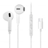 A white wired in-ear earphone set showing the earpiece, cable, and connector plug.