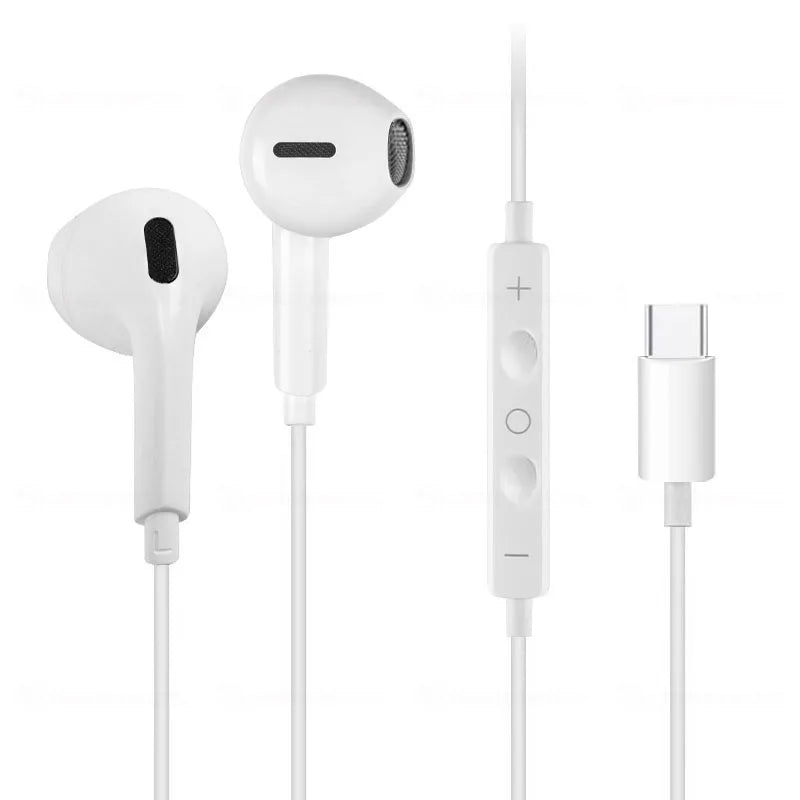 A white wired in-ear earphone set showing the earpiece, cable, and connector plug.