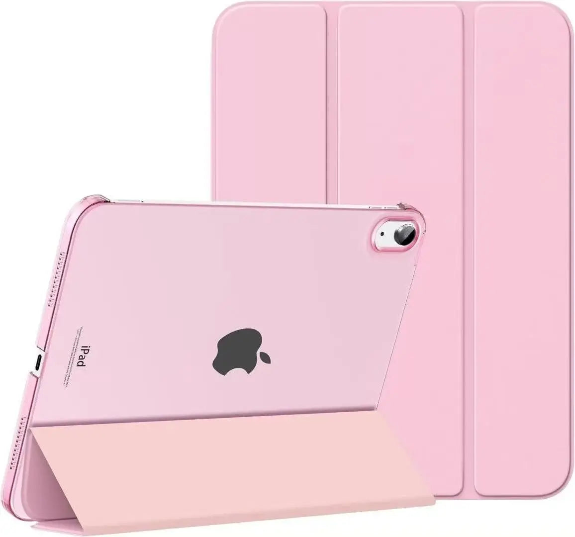 A pink slim stand case for an iPad showing the device in a vertical orientation.