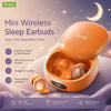 Orange HTC Mini Wireless Sleep Earbuds in their charging case resting on a soft fabric.