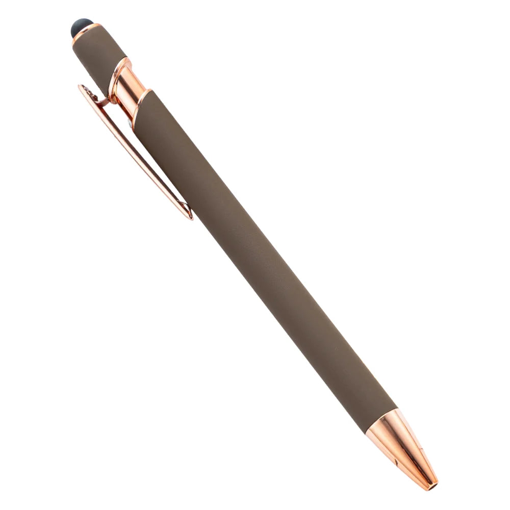 A close-up view of a retractable stylus and ballpoint pen with a dark gray body and gold accents.