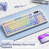 A white and purple wireless three-touch keyboard is shown on a blue surface with a smartphone nearby.
