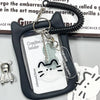A black crystal clear card holder with a cat charm attached to a keychain.