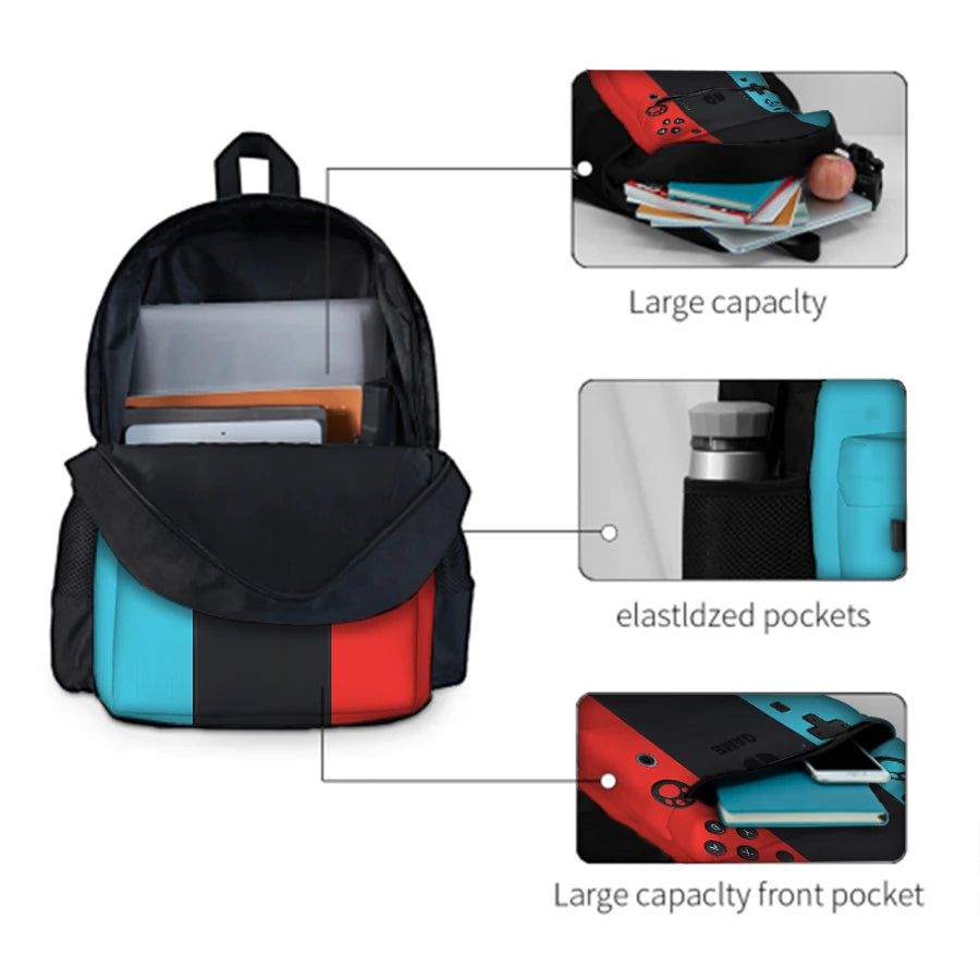 Schwarzer Rucksack mit verschiedenen Taschen, darunter ein größeres Hauptfach, elastische Taschen und eine große Haube