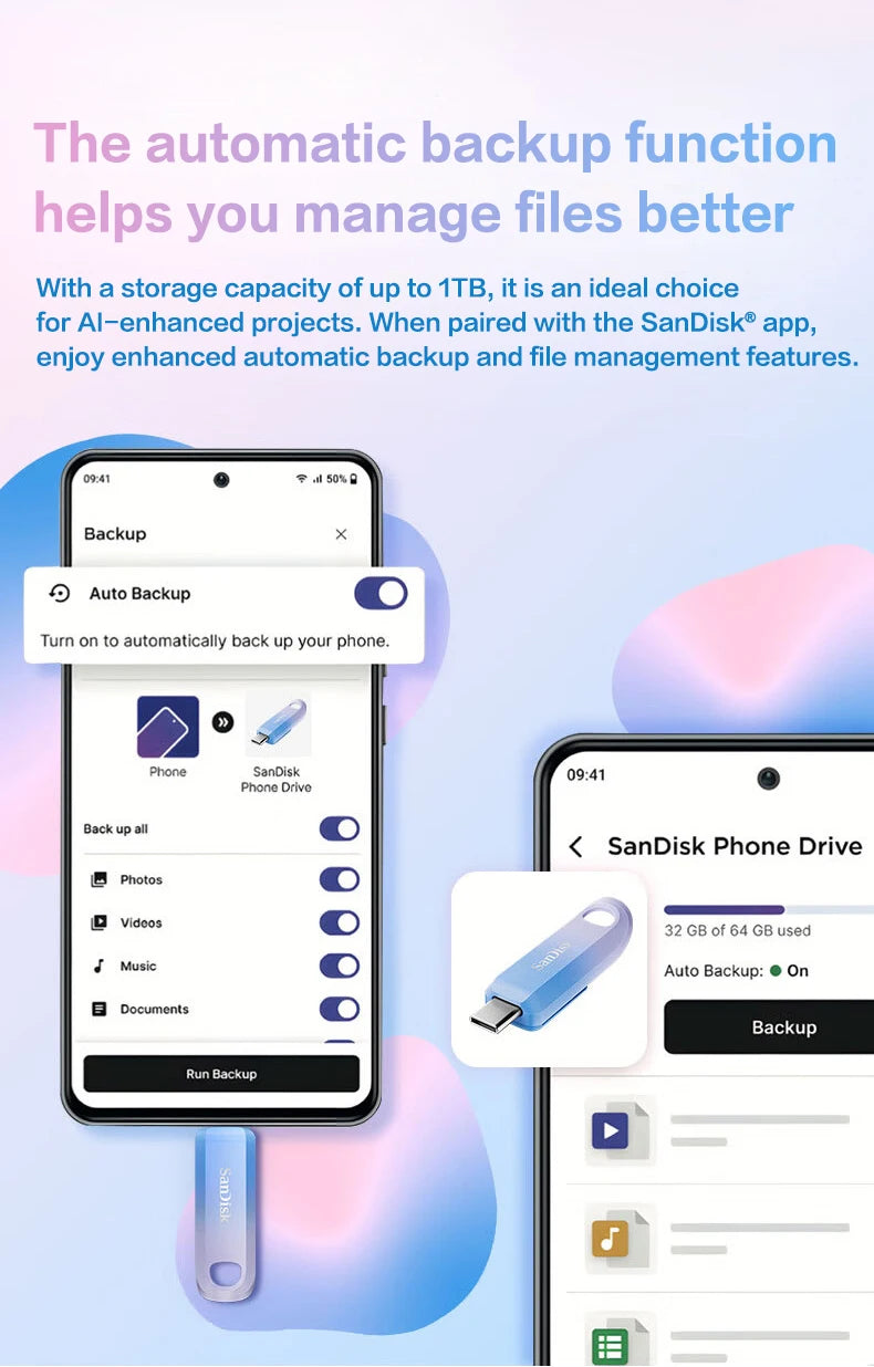A mobile screen shows an automatic backup function setup for a SanDisk Phone Drive, illustrating file management features.