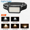 A black LED headlamp with a rectangular light unit and a fabric strap, showing various white and warm light modes.