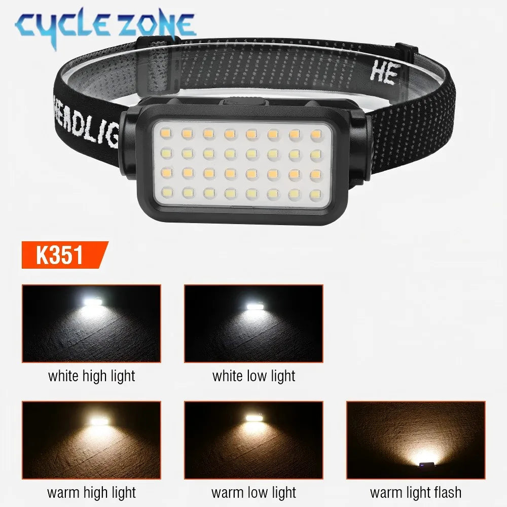 A black LED headlamp with a rectangular light unit and a fabric strap, showing various white and warm light modes.