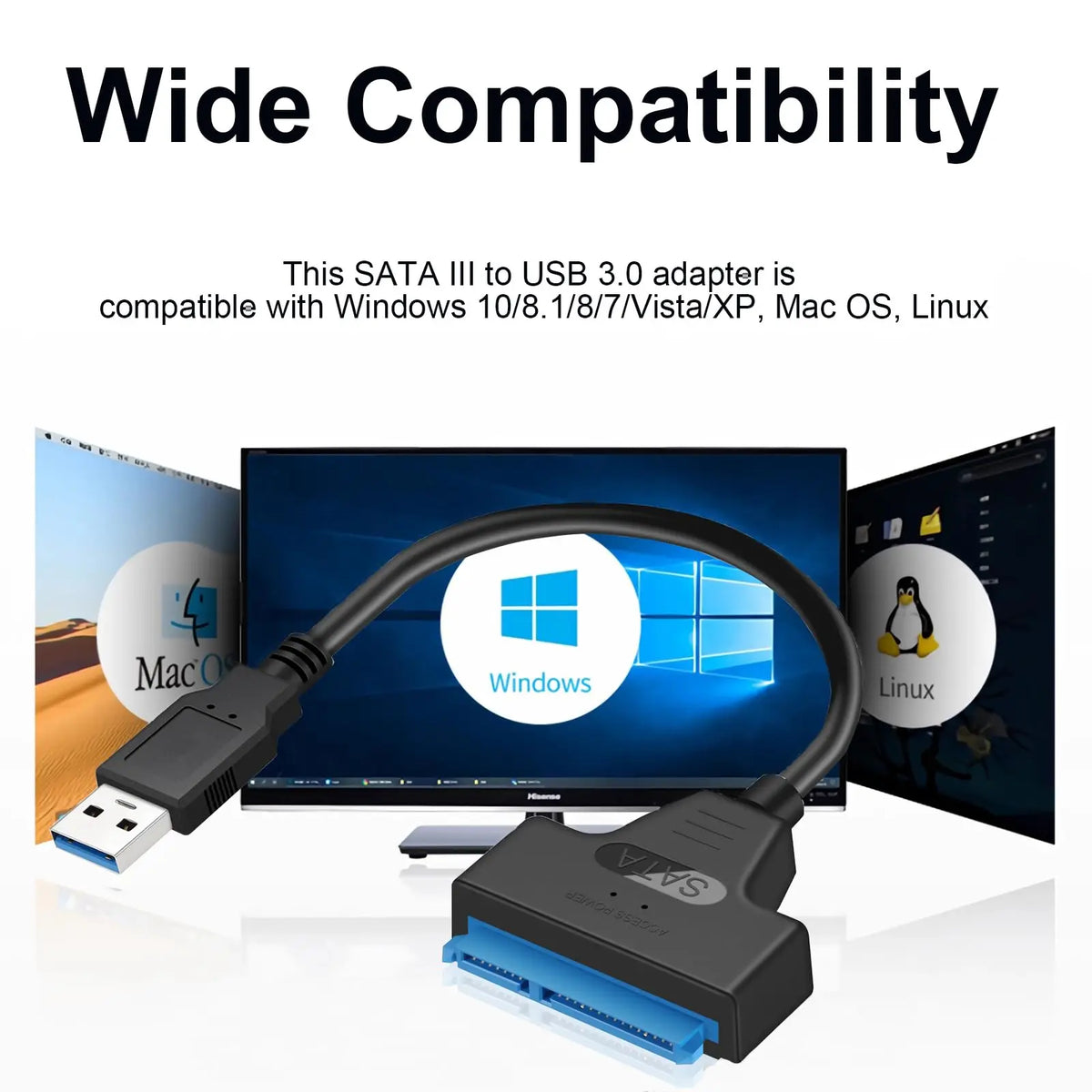 A black SATA III to USB 3.0 adapter cable connecting a SATA drive to a computer via a USB port.