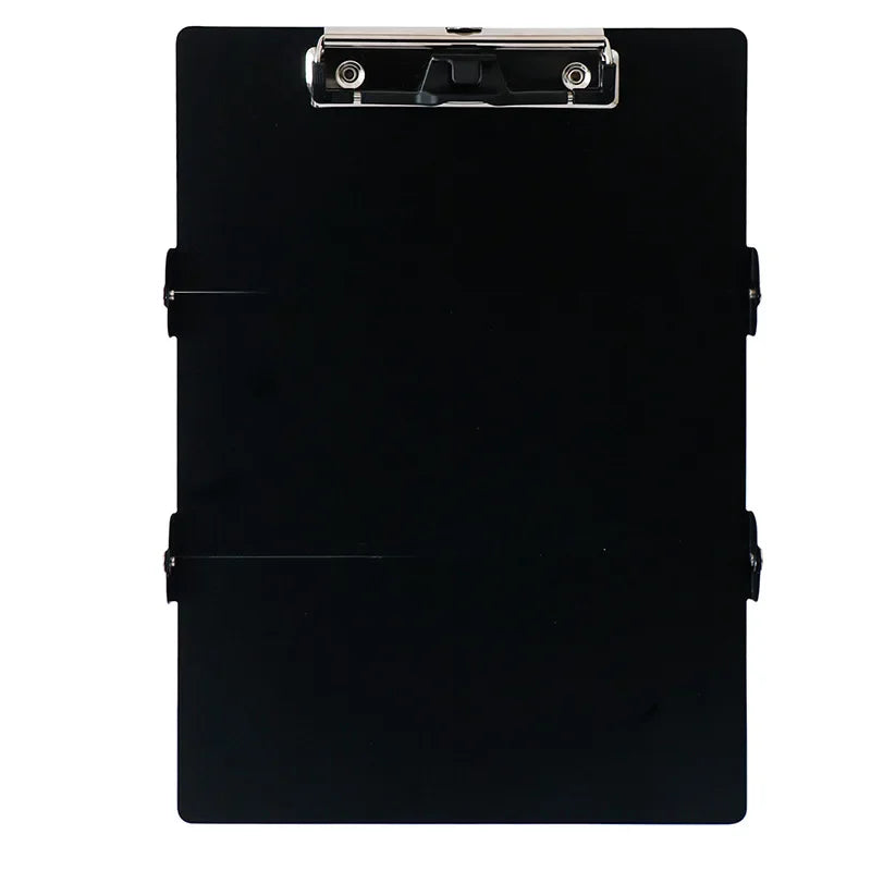 A black A4 foldable medical clipboard with a silver clasp.