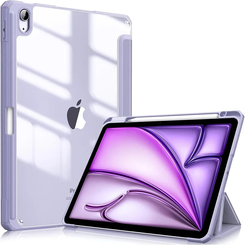 A purple multi-device protective case for an iPad is shown, featuring a clear back and a vibrant purple display.