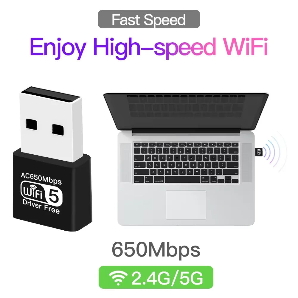 A white USB WiFi adapter is shown next to a laptop, illustrating high-speed Wi-Fi connectivity.