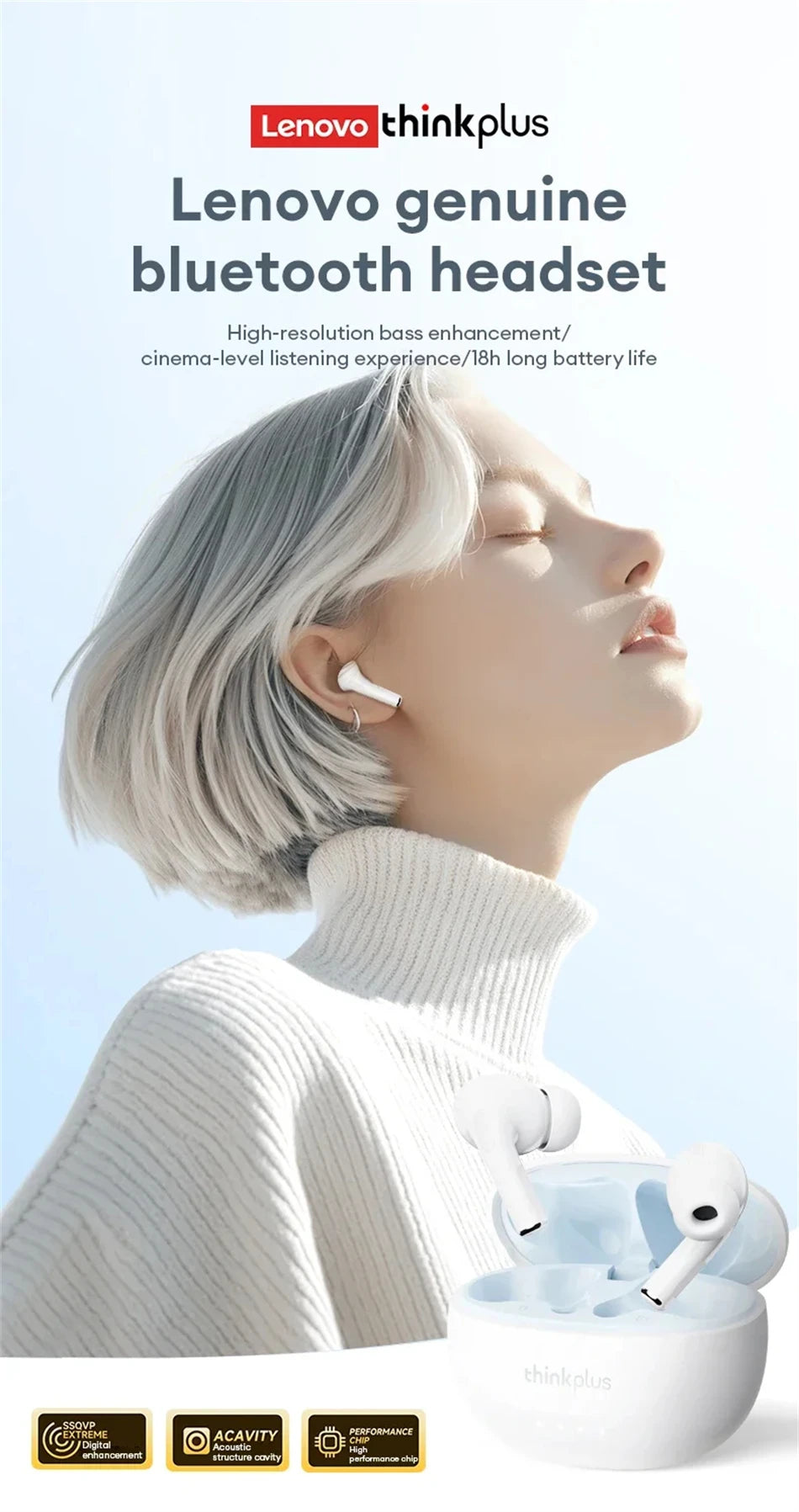 A close-up of a woman wearing Lenovo genuine Bluetooth headset earbuds while listening to music.