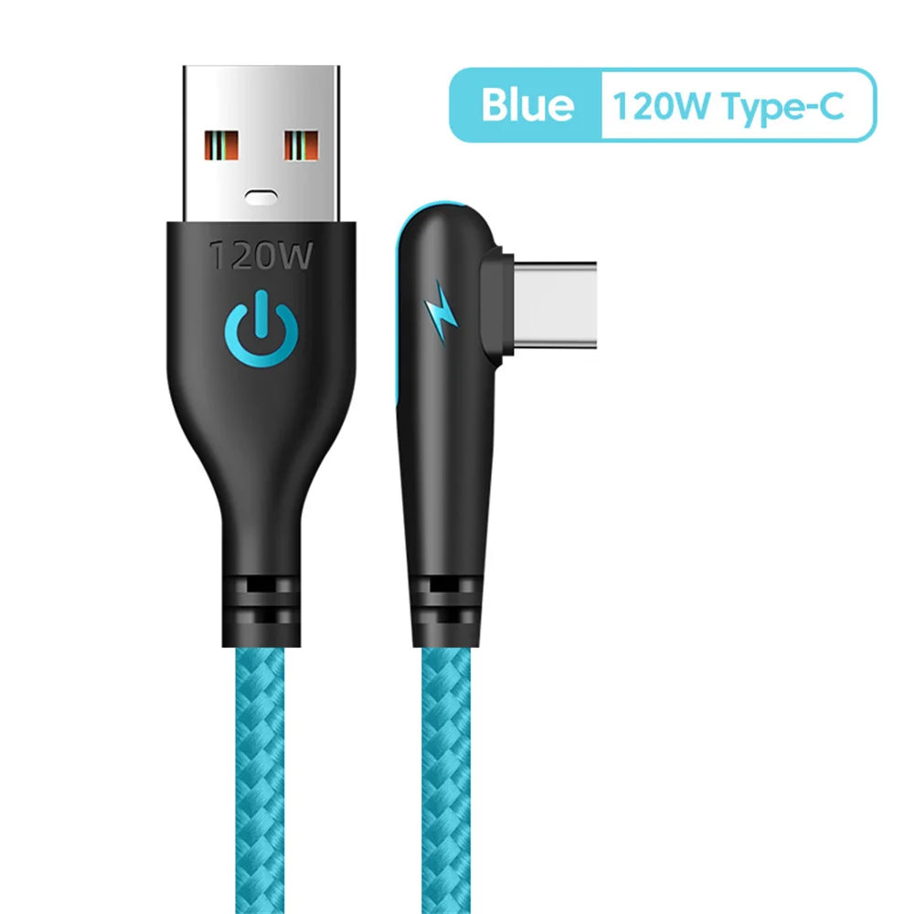 Blue 120W Type-C charging cable with a USB-C connector and braided cord.