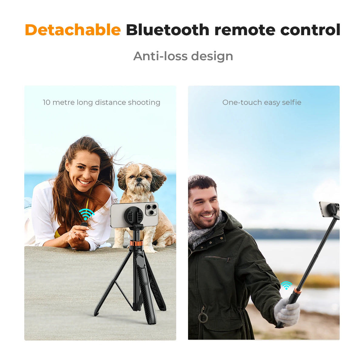 A woman taking a selfie using a detachable Bluetooth remote control and magnetic tripod for distance shooting.